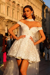 Beautiful Short White Off-the-shoulder Prom Evening Dresses Lace Cocktail Dresses with Pearls